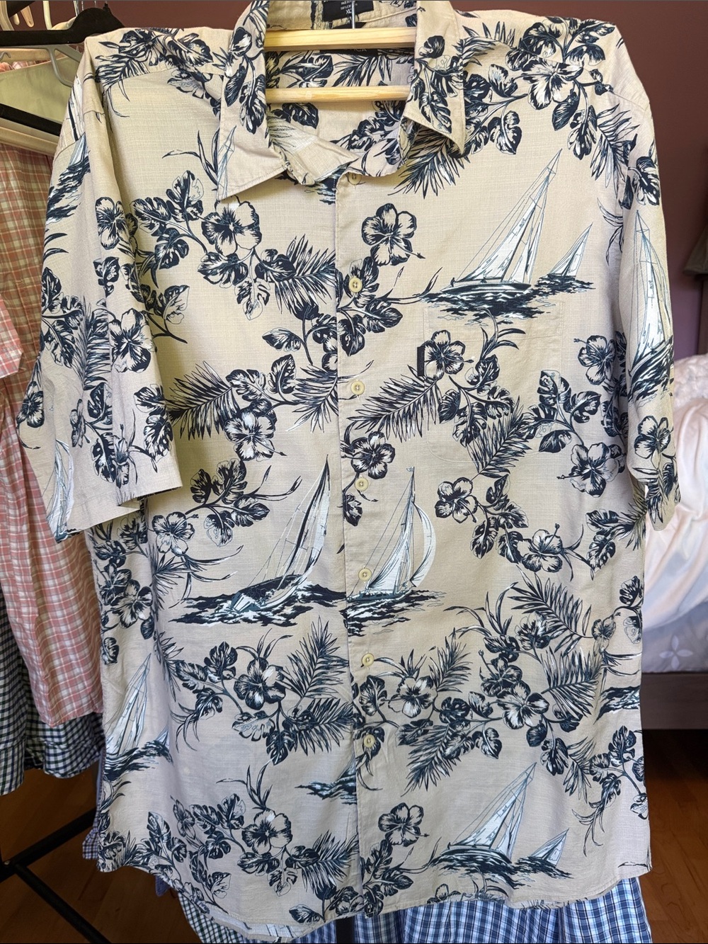 Nautica Beige Short-Sleeve Button-Down with Navy Sailboat & Floral Print